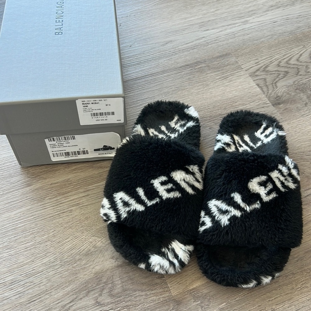 Balenciaga Furry Allover Logo Slides/Sandals